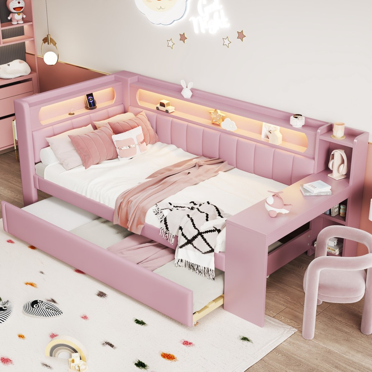 Wishdor Bedbank 90x200 cm - Met uitziehbed en bureau - LED verlichting USB aansluiting - Roze - Voor slaapkamer logeerkamer - MDF stof hout