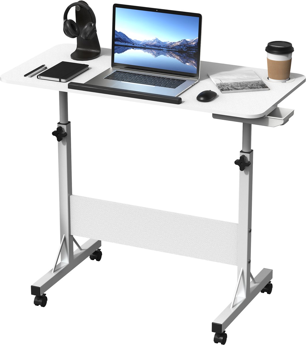 Arvioo - Verrijdbaar bureau - Inklapbaar - Hoogteverstelbaar - Met bekerhouder & lade - Wit