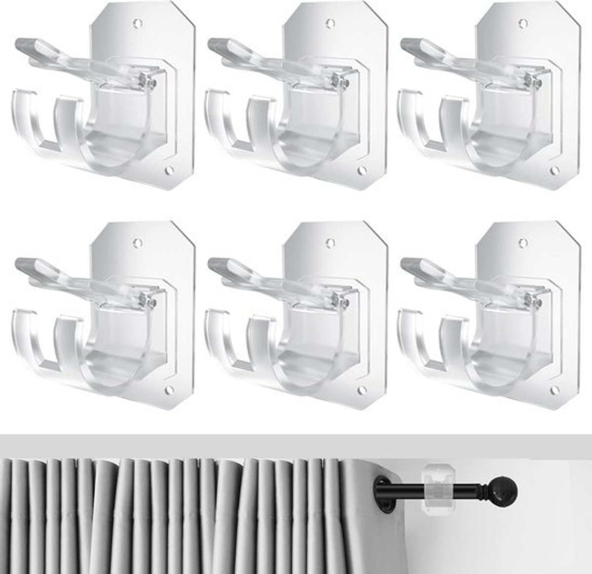 Verstelbare Gordijnroede Beugels zonder Boren - Set van 6 - Geschikt voor Stangen tot 4 cm Diameter - Transparant