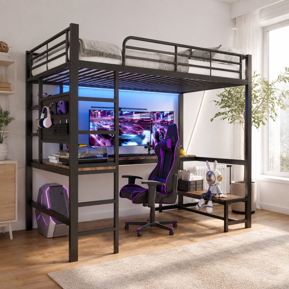 Wishdor Hoogslaper 90x200 cm - Bureau en opbergruimte - Met ladder en uitvalbeveiliging - Met ledverlichting en usb type-c - Zwart metaal voor kinderkamer