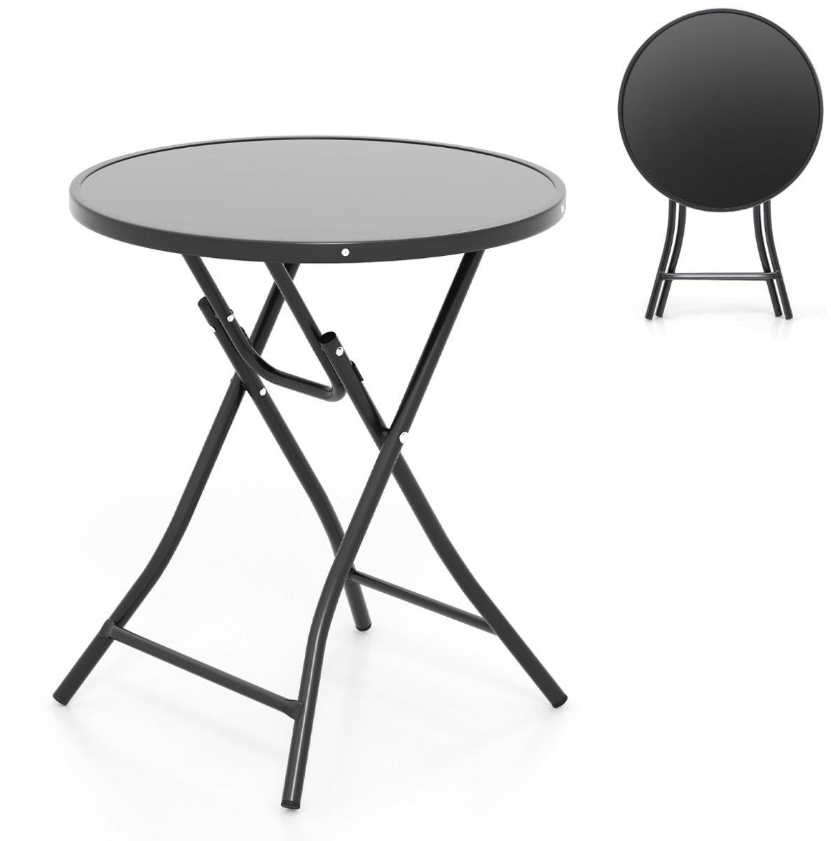 SureDeal® - Tuinmeubel - Ronde Tafel Opvouwbare - Blad Gehard Glas - Buiten - 59x67 cm - Zwart