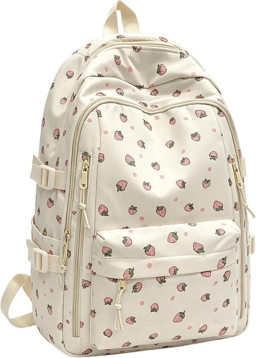 KZQ Large Capacity Backpack, School Bags with Compartments and Handle, Cute Aardbeienprint School Backpack with Adjustable Straps, Perfect For Girls Travel Or School Gift