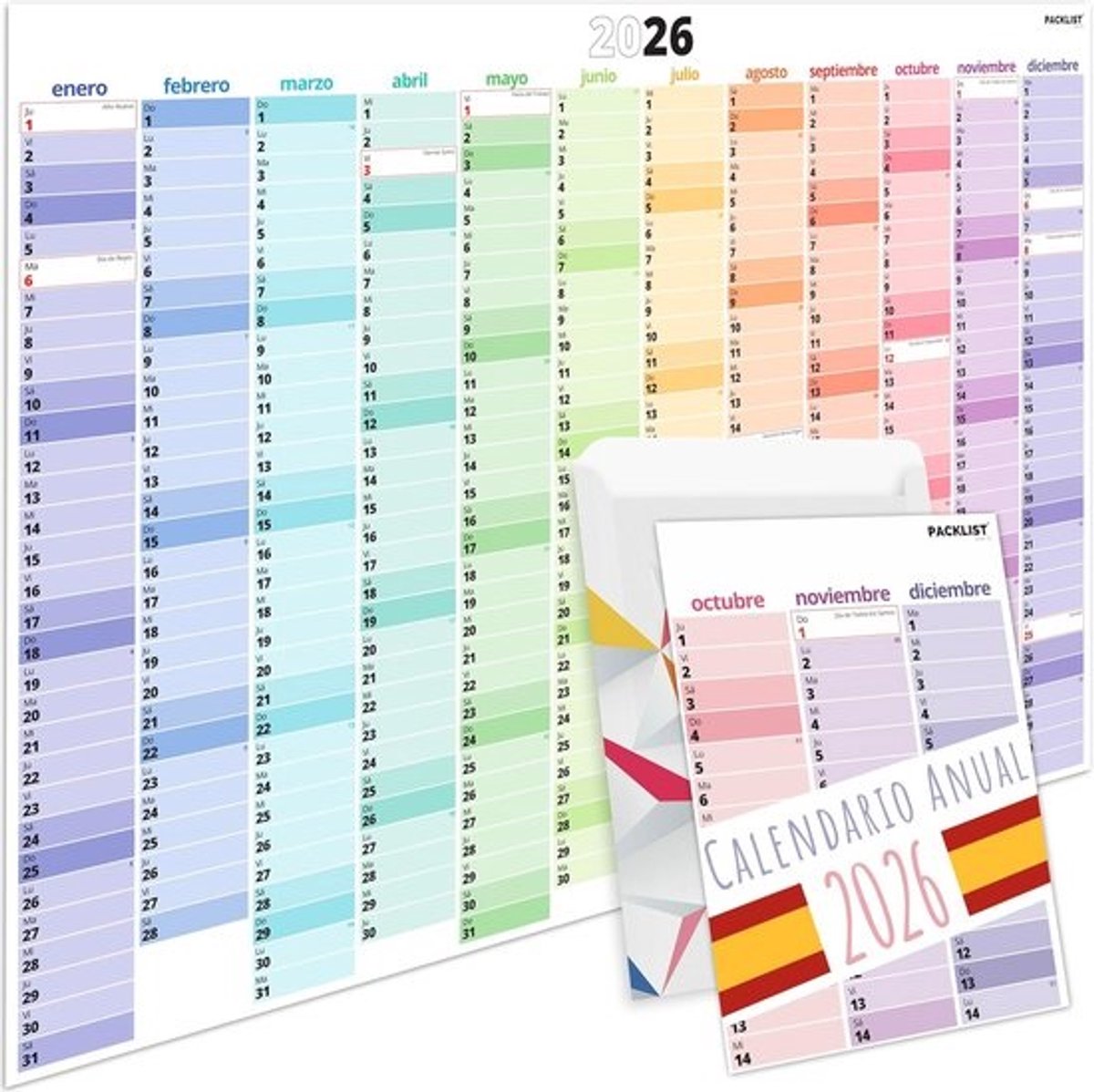 Grote Jaarkalender 2026 DIN A1 - Spaans met Feestdagen - Herbruikbare Wandkalender voor Gezin, School en Werk - XXL Organisatie