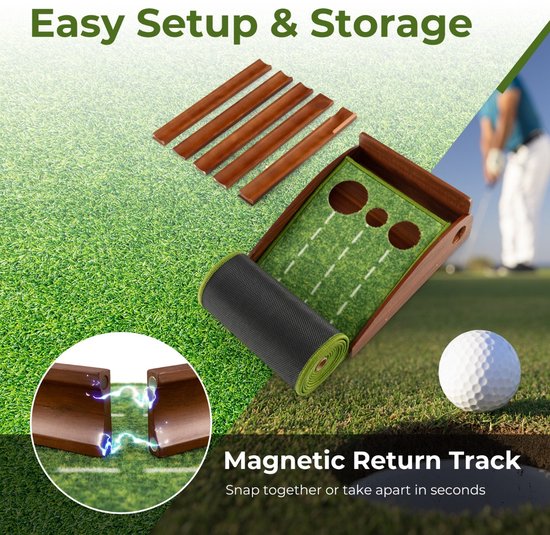 SureDeal® - Golf - Putting Mat Putting - Automatische Balterugloop Maten - Golfballen - Binnen - Buitentraining - 302x37x15 cm - Bruin + Groen van suredeal — afbeelding 4