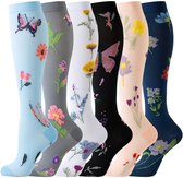 Chaussettes de compression pour femmes - 6 paires - Chaussettes de running - Bas de contention à motif fleurs et papillons - Sans couture et respirant - Convient pour le sport - Taille S/M (34-38) - Multicolore
