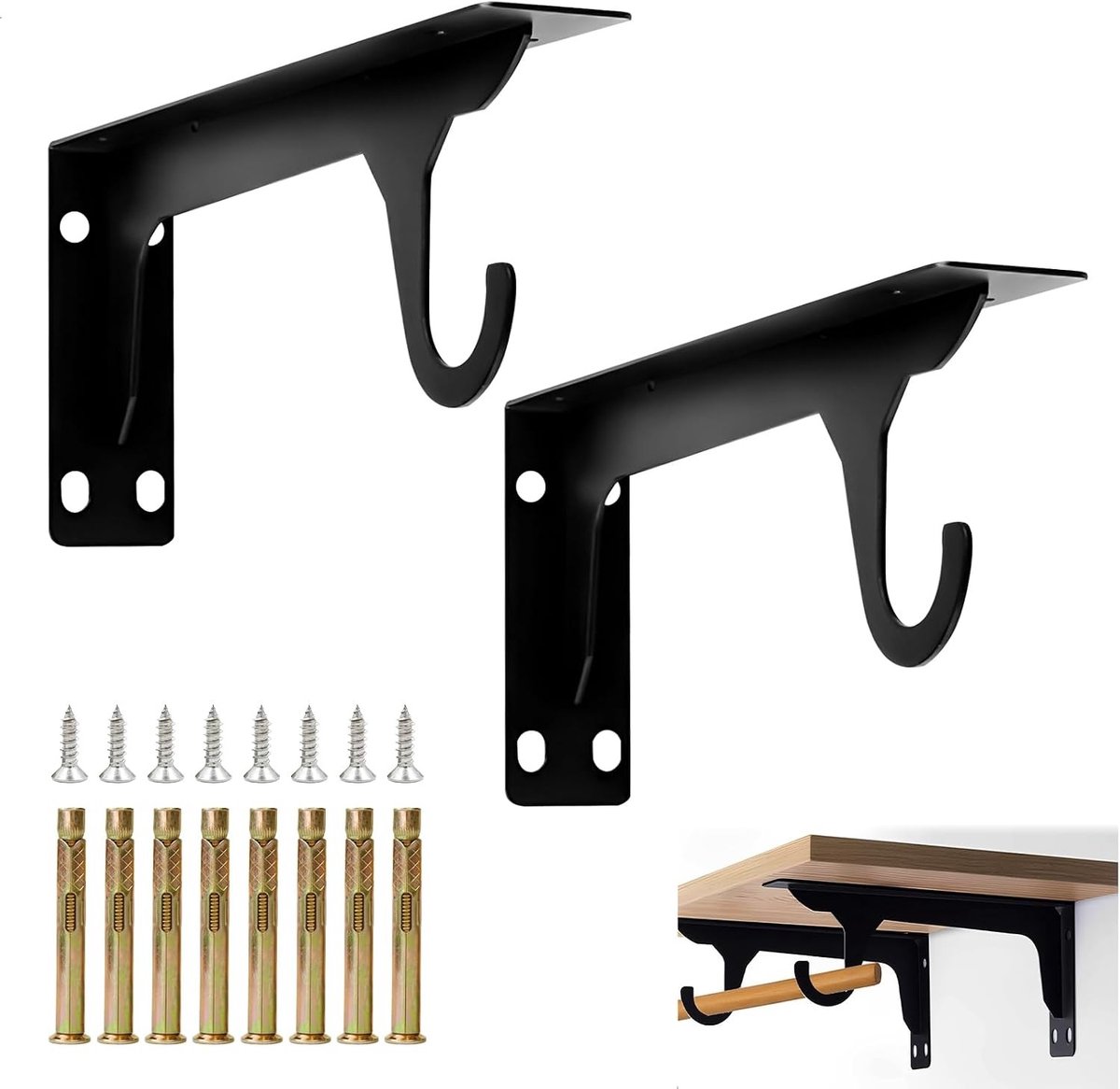 Hoekplank met haakjes, metalen wandplankhouder, 2 stuks, maximaal 75 kg draagvermogen, ideaal voor opslag en decoratie