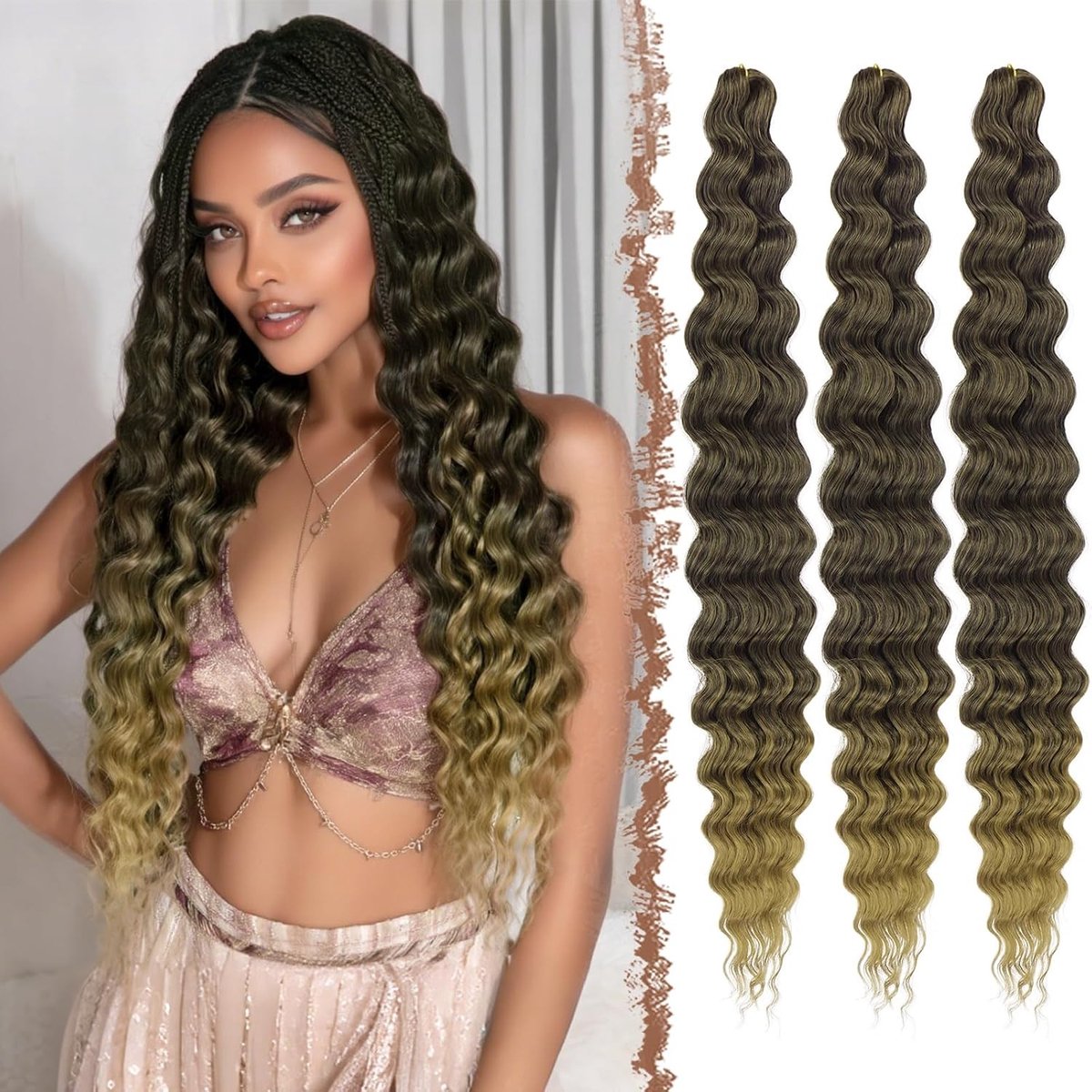 Ocean Wave Haakjes Haar Diepe Twist 3 Pakketten Diepe Golvende Vlecht Haar Extensions Synthetisch Bohemian Krullend Haar voor Vrouwen, 22.6 Inch Ombre Zwart/Gouden Bruin, Perfect voor Stijlvolle Coiffures en Feestelijke Gelegenheden
