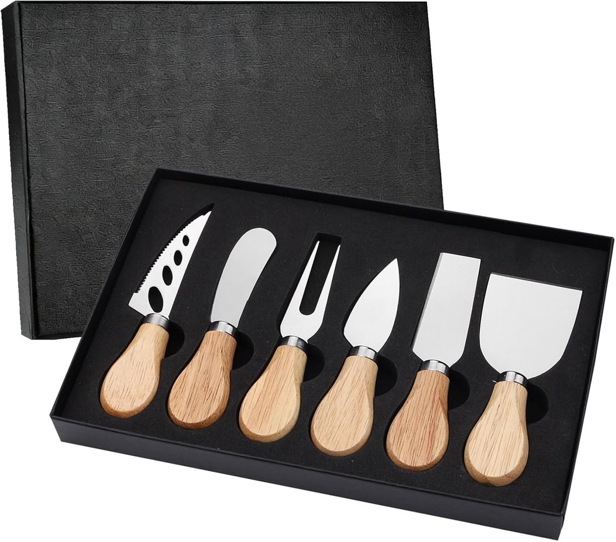 Set van 6 Kaasmesjes met Vork en Schraper, RVS Kaasmesjes met Houten Handvat voor Snijden en Serveren, Perfecte Cadeau voor Kaasliefhebbers