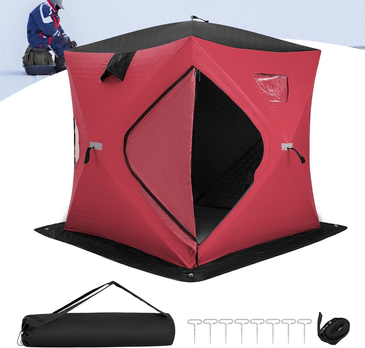 SureDeal® - Kamper - Draagbare Tent - Ijsvissen - Draagtas Wintervissentent - 190x190x171 cm - Rood