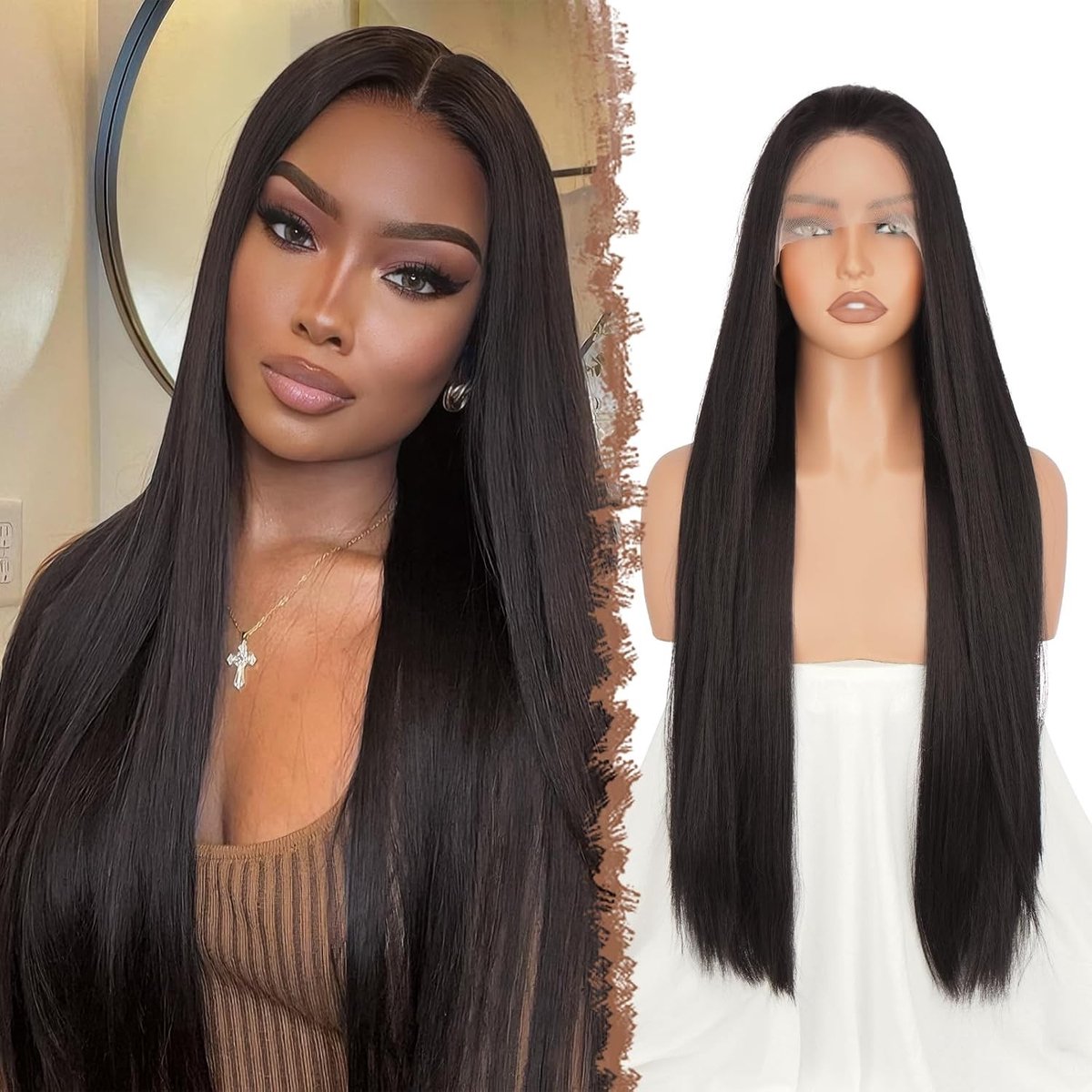 Lang Rechte Lace Front Haarwig voor Vrouwen - Natuurlijke Zwarte Synthetische Haarwig van 75 cm voor Dagelijks Gebruik en Feestjes
