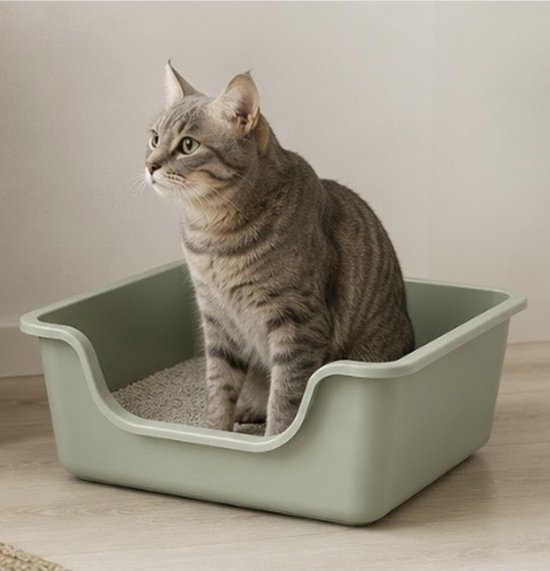 Grijze cyperkat in groene kattenton met lage instap.