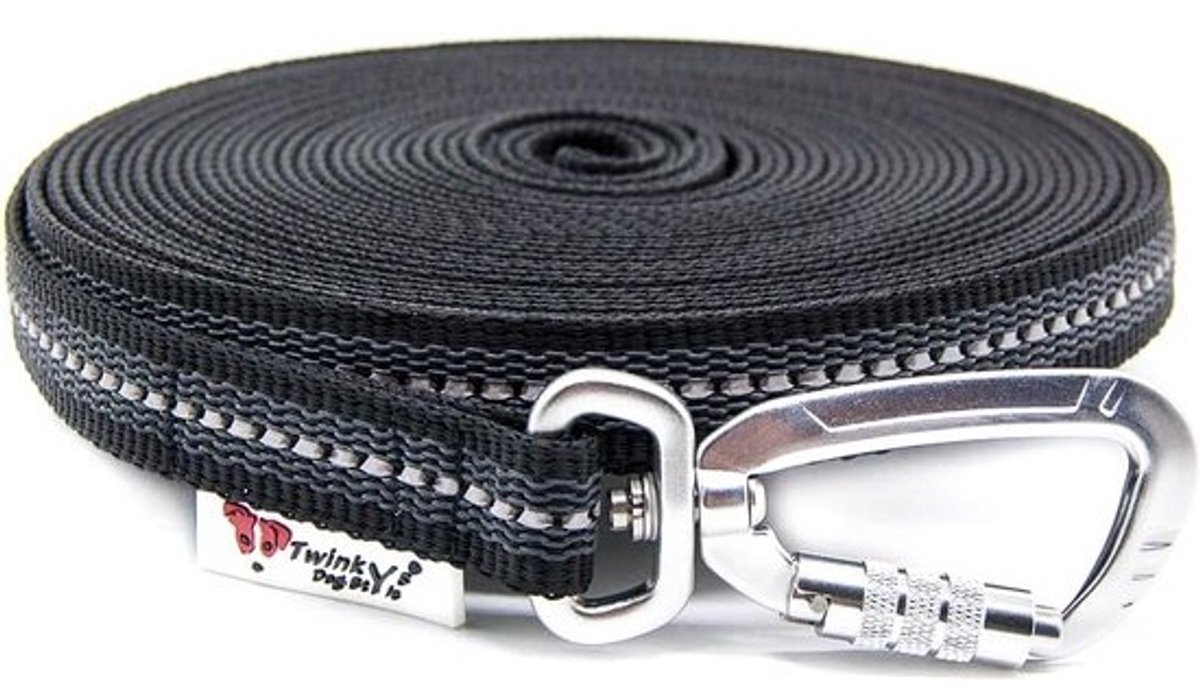 Hondenriem Rubber - Sleeplijn Trainingslijn - Veilige Grip - In Geweven Rubber - 5 Meter - Zwart Reflecterend