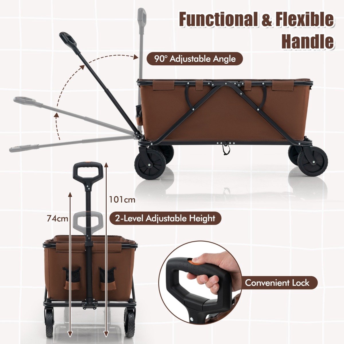 SureDeal® - Kamper - Handkar - Zwaar Gebruik Opvouwbare - Verstelbaar Stuur Flessenhouders - 106x56x74 cm - Koffiebruin