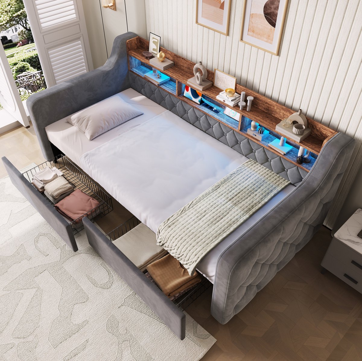 Bed 90x190 cm - LED, USB en Type-C - Hoofdbord Met Ablage, 2 Laden, Lattenbodem - Stof - Dark Gray