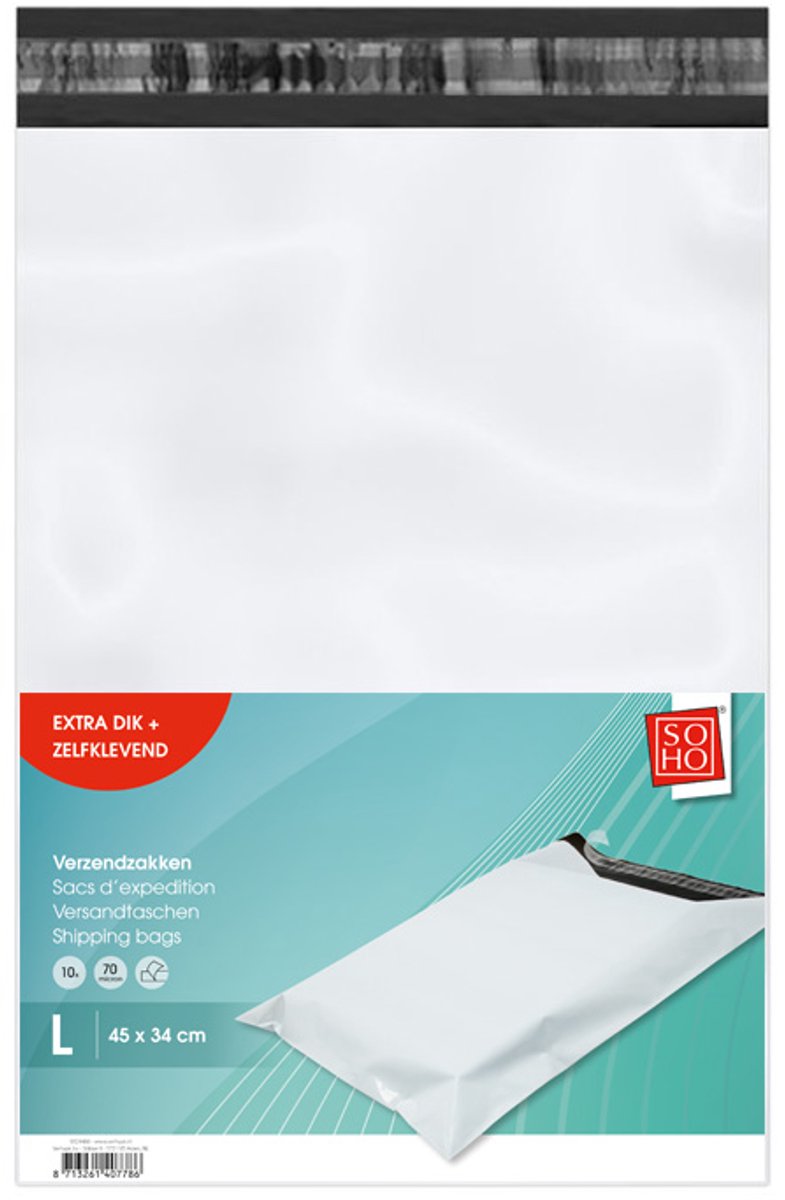 SOHO Verzendzakken Zelfklevend L – 45 x 34 cm – 12 x 10 Stuks – Sterke en Lichtgewicht Verzendzakken 70 Micron