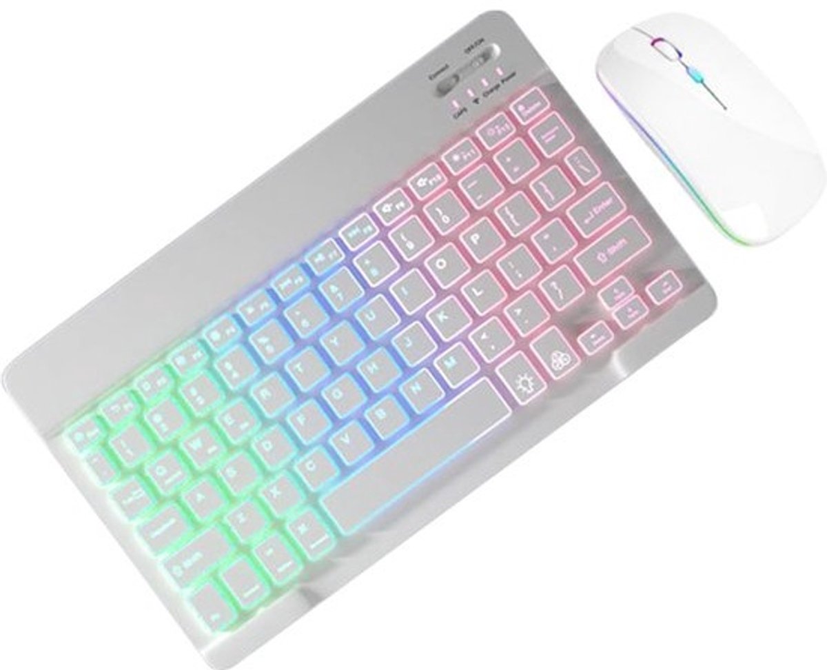 Draadloos Toetsenbord Muis - Verlichte Set - Werk en Spel - 7 Kleuren Modus - 2.4G Adapter - Wit