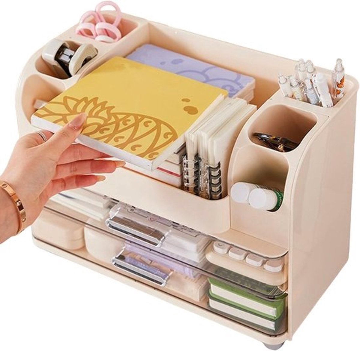 Make-up Organizer - Toiletartikelen Opslag - Bureau Aanrecht - Slimme Ruimtebesparing - 34x24.5x18cm - Romig