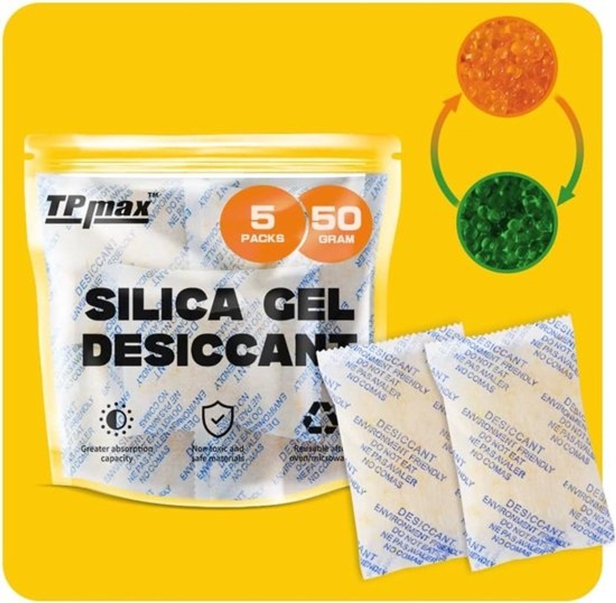 Silicagel Droogzakjes - Herbruikbare Ontvochtigers - Bescherming Tegen Vocht - Met Kleurindicator - 50g Per Stuk - Geel