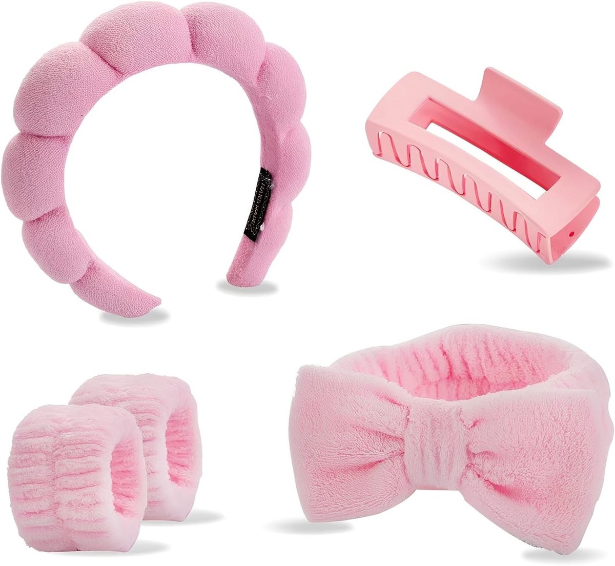 Set van 5 Mode Accessoires voor Huidverzorging - Zachte Hoofdband, Vierkante Clip, Gezichtswas Manchet en Elastische Band - Roze Sponsset voor Make-up en Schoonheidsroutine