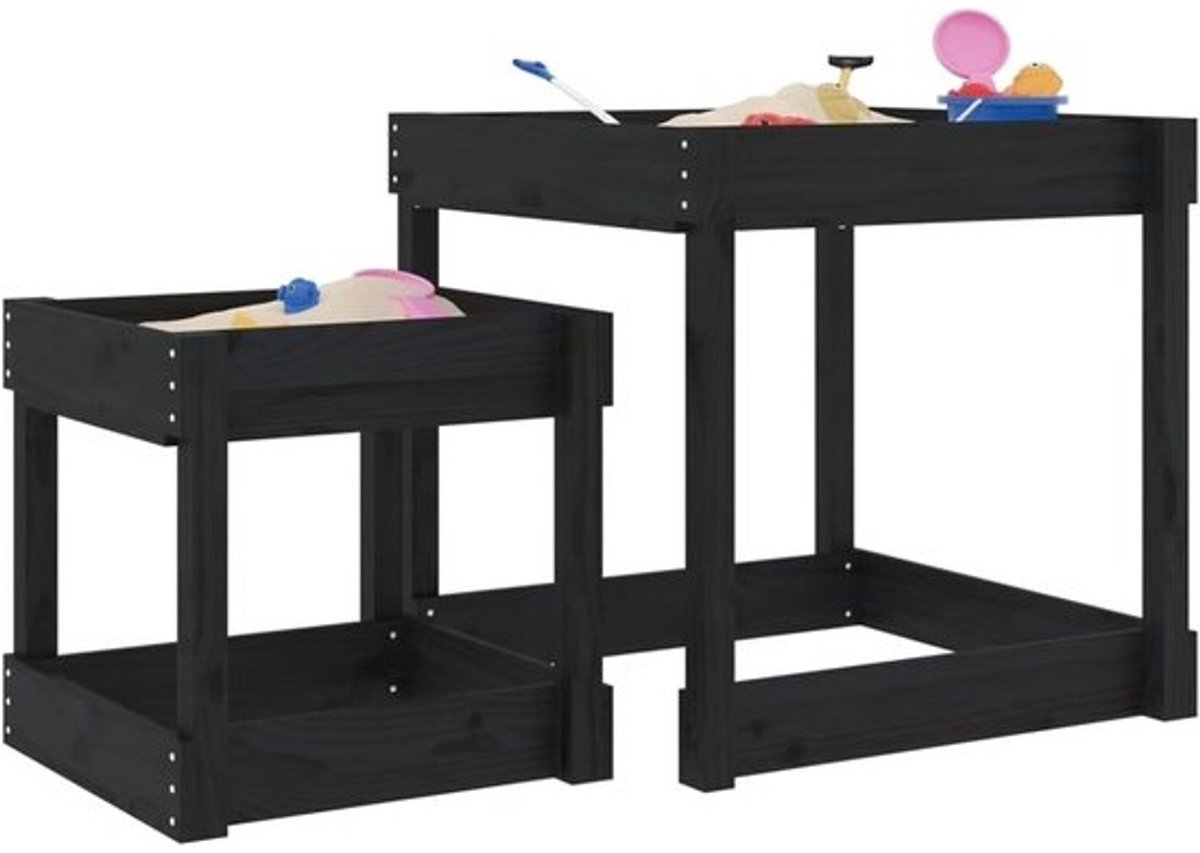 Houten Zandtafels - Kinderspeeltafels - Buitenspelen Tuin - Set van Twee - 70x70 en 50x50 - Zwart