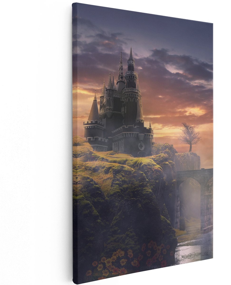 Artaza Canvas Schilderij Oud Kasteel op een Heuvel - 120x180 cm - Groot - Wanddecoratie Woonkamer - Schilderijen - Muurdecoratie