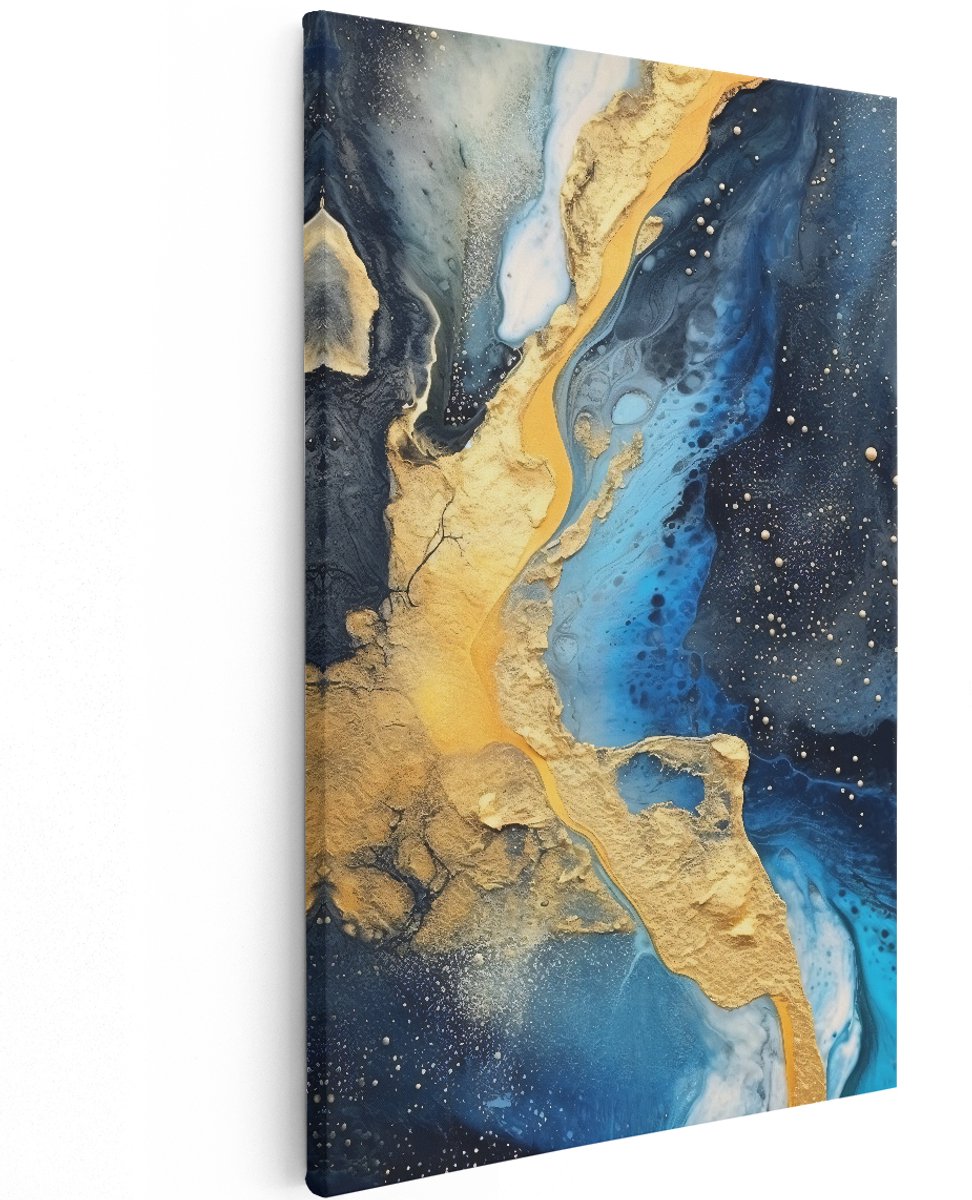 Artaza Canvas Schilderij Abstracte Kunst - Blauw met Goud - 120x180 cm - Groot - Foto Op Canvas - Wanddecoratie Woonkamer
