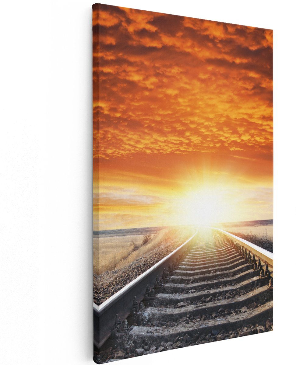 Artaza Canvas Schilderij Rails Spoorweg Bij Zonsondergang - 120x180 cm - Groot - Wanddecoratie Woonkamer - Schilderijen - Muurdecoratie