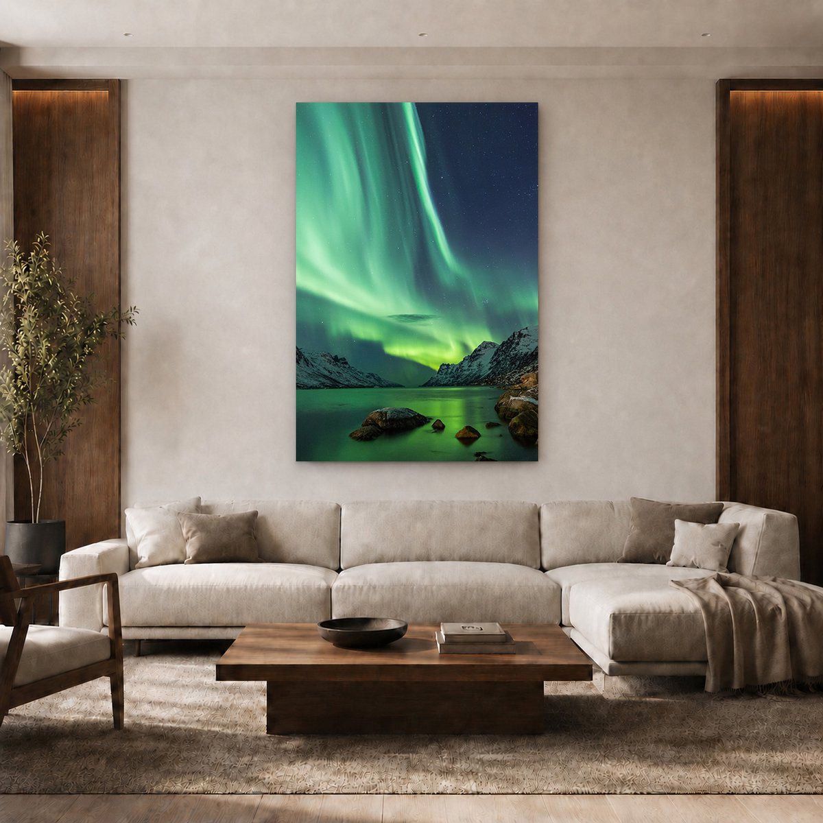 Artaza Canvas Schilderij Noorderlicht boven het Water in de Bergen - 120x180 cm - Groot - Wanddecoratie Woonkamer - Schilderijen - Muurdecoratie