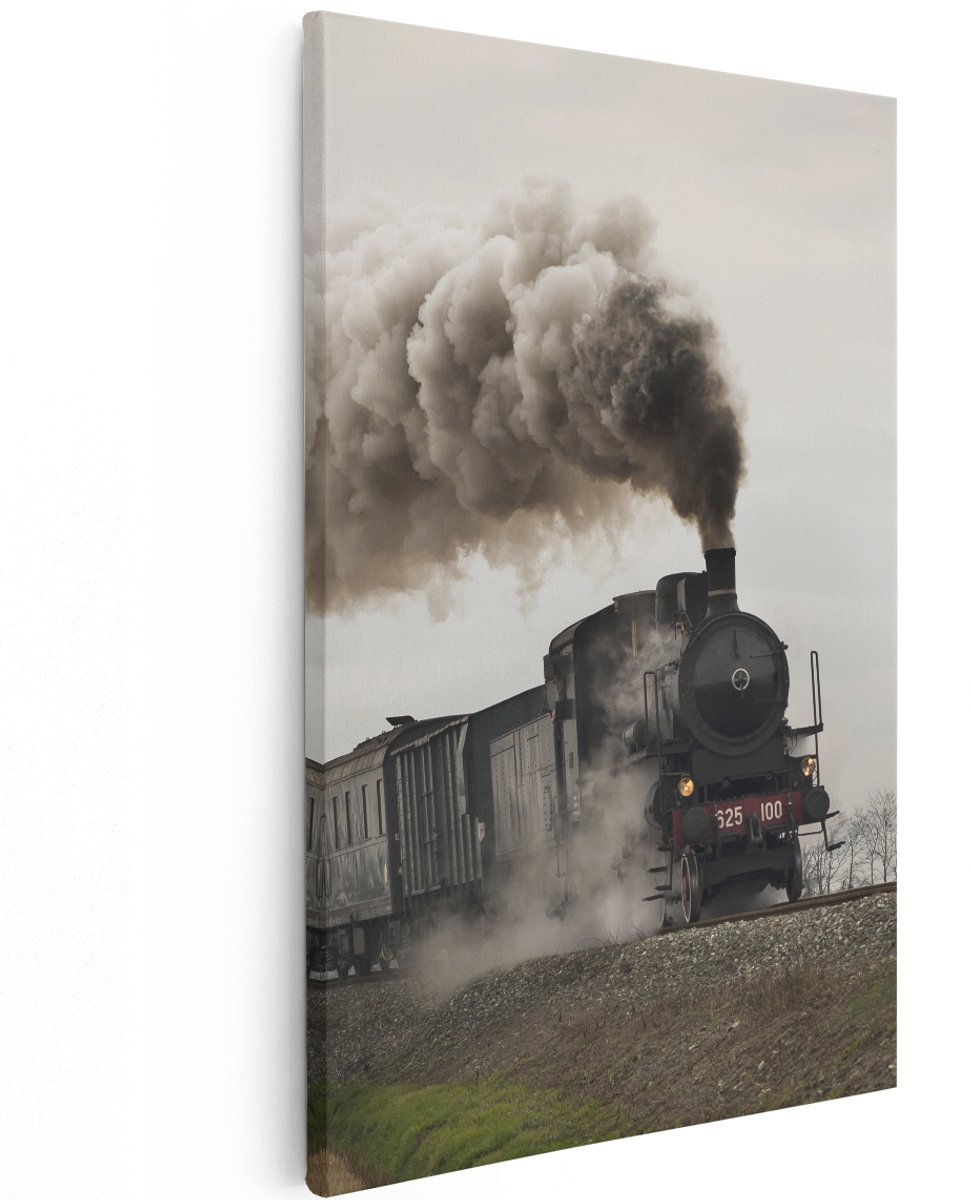 Artaza Canvas Schilderij Locomotief Trein met Rook Wolken - 120x180 cm - Groot - Wanddecoratie Woonkamer - Schilderijen - Muurdecoratie