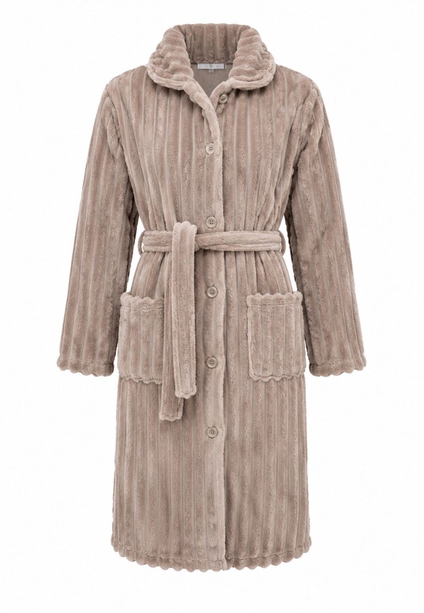 Badjas dames fleece - ochtendjas dames met knopen en ceintuur - zacht en warm - taupe - maat S