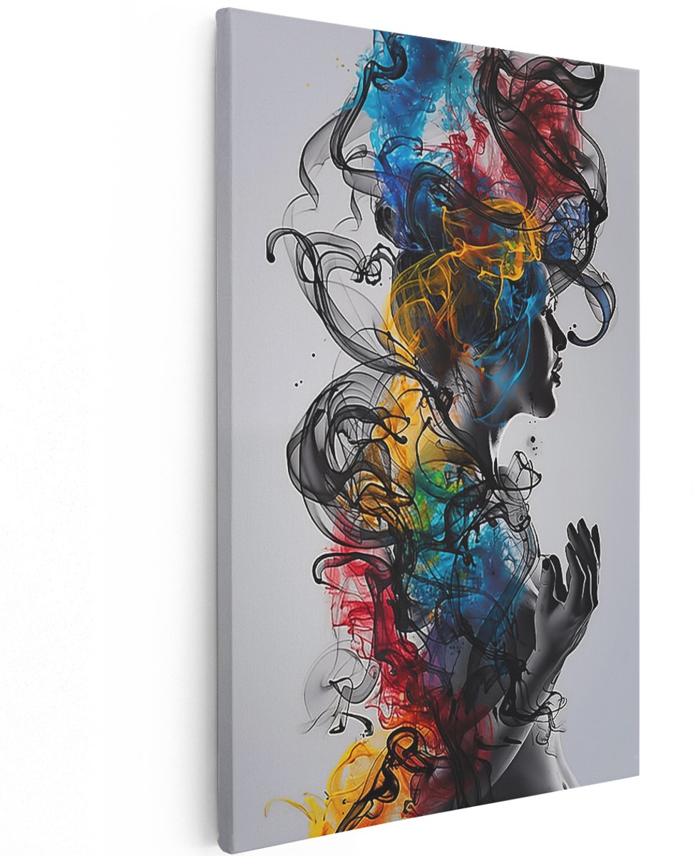 Artaza Canvas Schilderij Vrouw met Kleurrijke Rook in het Haar - 120x180 cm - Groot - Wanddecoratie Woonkamer - Schilderijen - Muurdecoratie