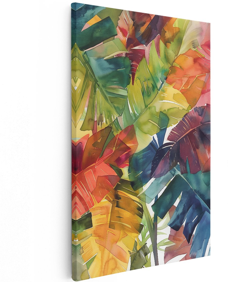 Artaza Canvas Schilderij Aquarel Tropische Bladeren - Bloemen - 120x180 cm - Groot - Wanddecoratie Woonkamer - Schilderijen - Muurdecoratie