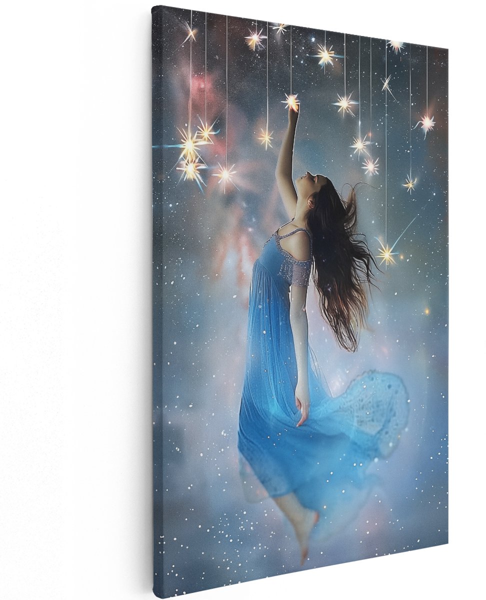 Artaza Canvas Schilderij Meisje in een Blauwe Jurk met Sterren - 120x180 cm - Groot - Wanddecoratie Woonkamer - Schilderijen - Muurdecoratie