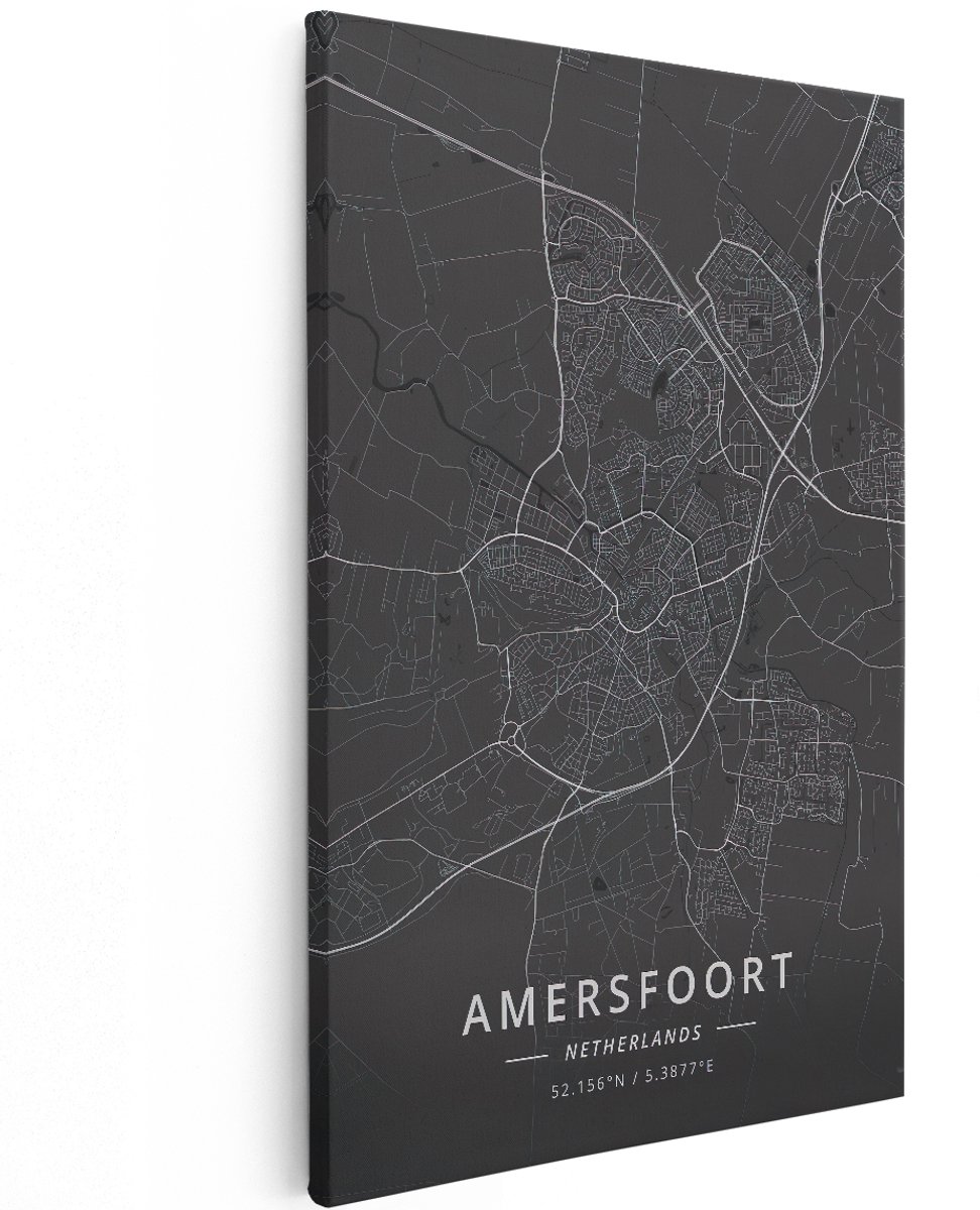 Artaza Canvas Schilderij Stadskaart Amersfoort in het Zwart - 120x180 cm - Groot - Muurdecoratie - Canvas Print