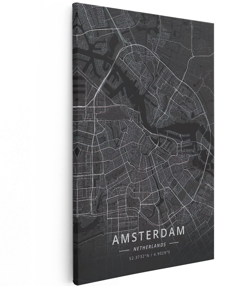 Artaza Canvas Schilderij Stadskaart Amsterdam in het Zwart - 120x180 cm - Groot - Muurdecoratie - Canvas Print