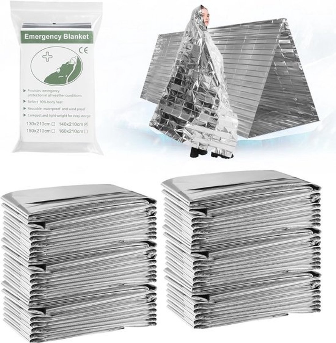Thermische Hulpdeken voor Eerste Hulp en Camping - 210 x 140 cm, Aluminium Warmte Deken, Overlevingskit