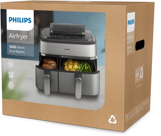 Philips Airfryer 5000 Series Dual Basket verpakking met heteluchtfriteuse, 9L capaciteit.