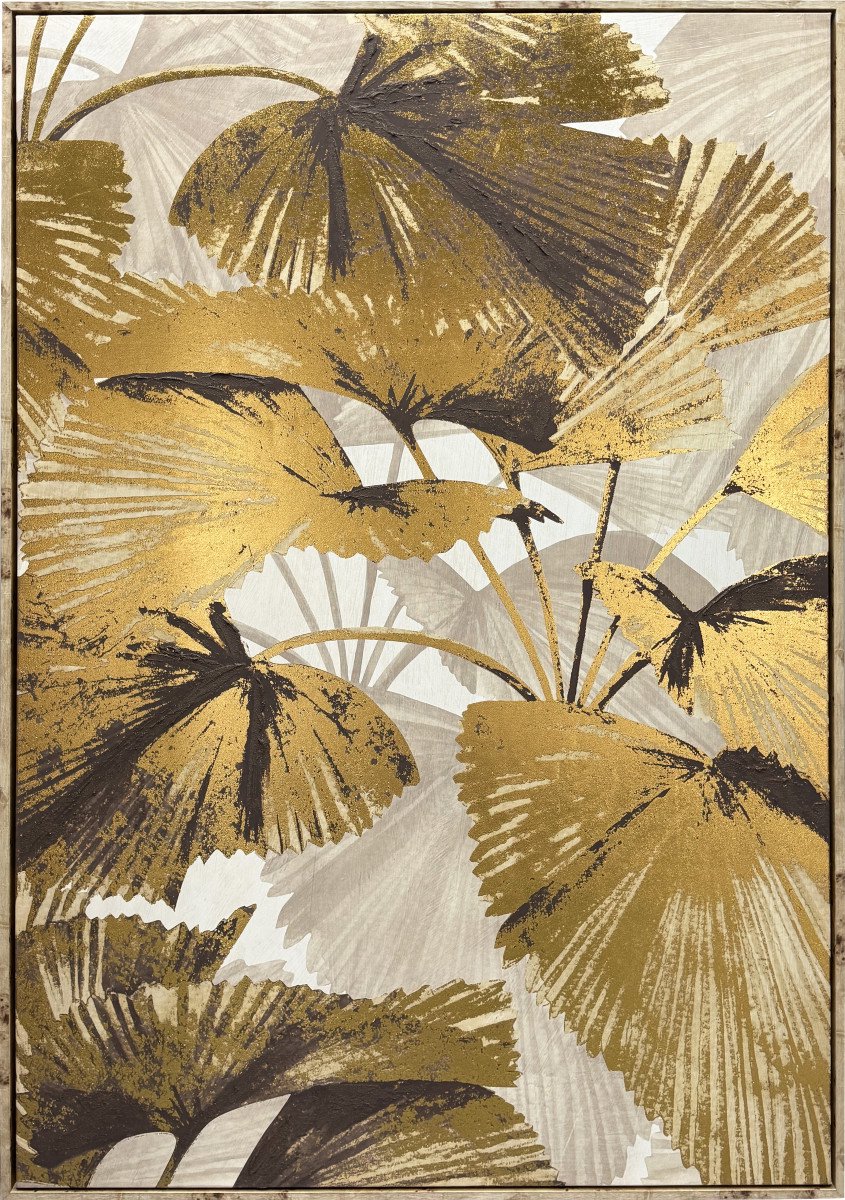 Ter Halle Handgeschilderd Schilderij - Wanddecoratie - Gouden Bladeren - 80x120cm