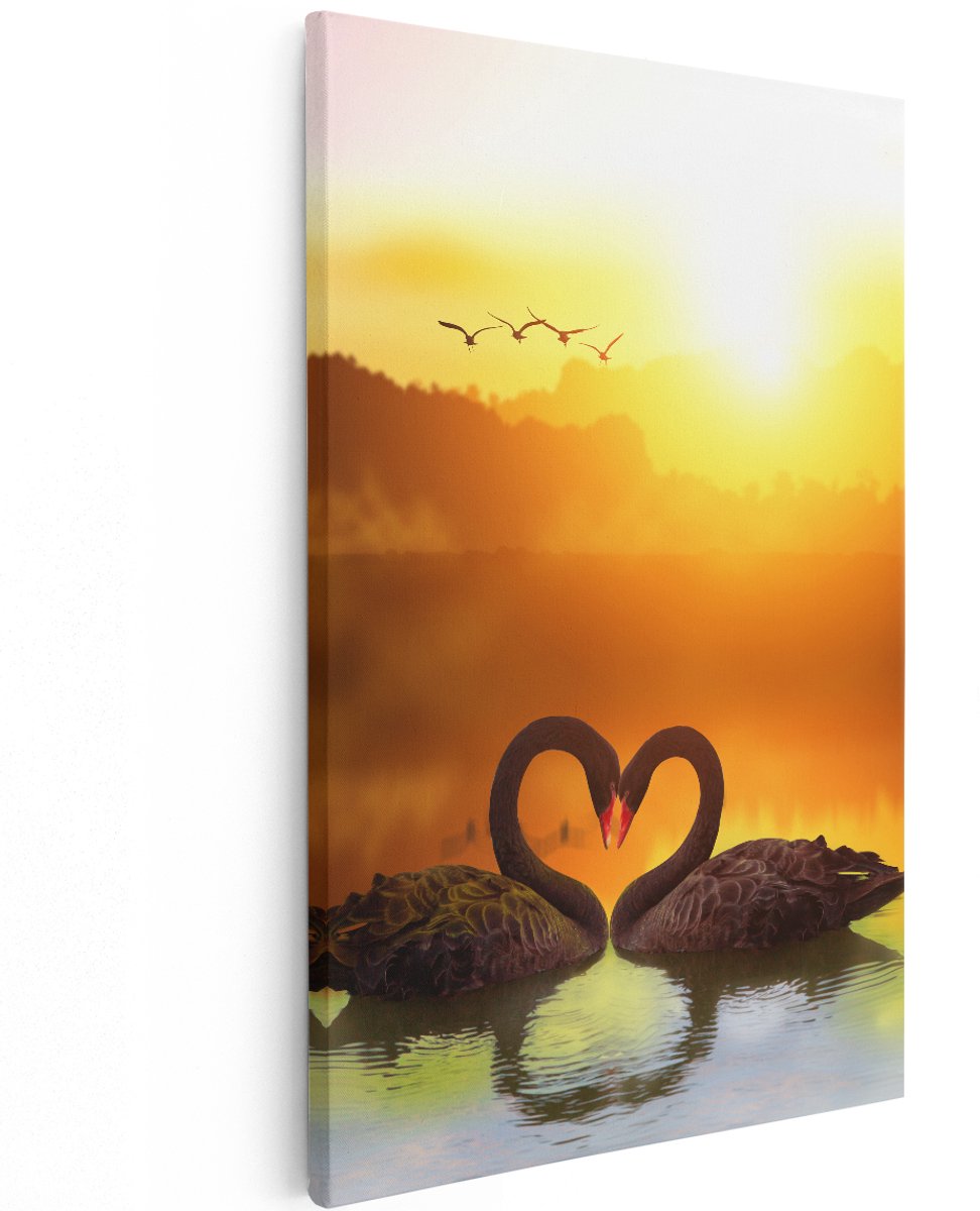 Artaza Canvas Schilderij Twee Zwarte Zwanen in een Hart Vorm - 120x180 cm - Groot - Wanddecoratie Woonkamer - Schilderijen - Muurdecoratie