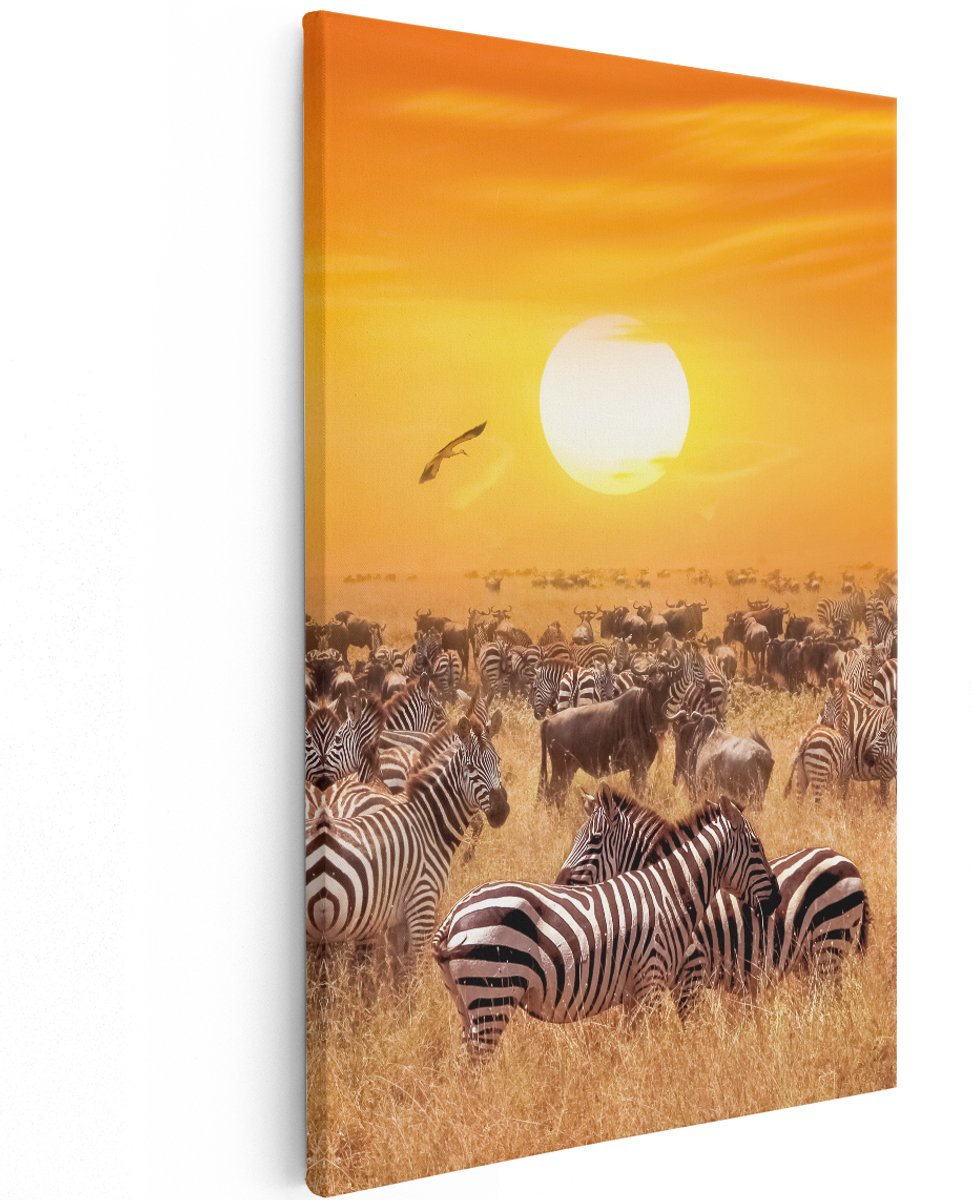 Artaza Canvas Schilderij Kudde Zebra's Bij Een Oranje Zonsondergang - 120x180 cm - Groot - Wanddecoratie Woonkamer - Schilderijen - Muurdecoratie