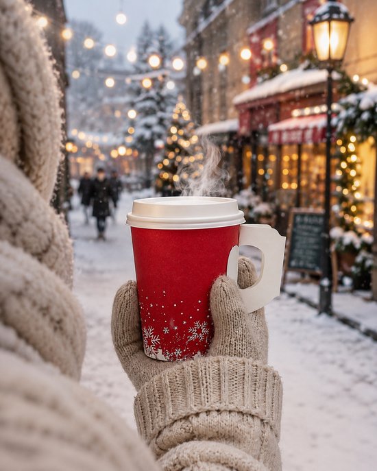 Rode kartonnen beker met witte sneeuwvlokken, vastgehouden door een persoon met beige gebreide handschoenen, in een besneeuwde straat met kerstverlichting.