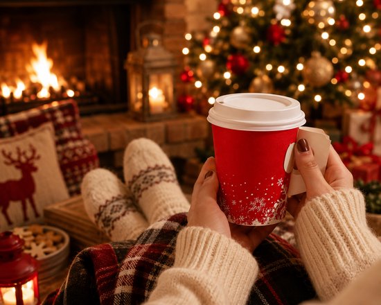 Rode kartonnen beker met witte sneeuwvlokken, vastgehouden door handen met rode nagellak, voor een haardvuur en kerstboom.