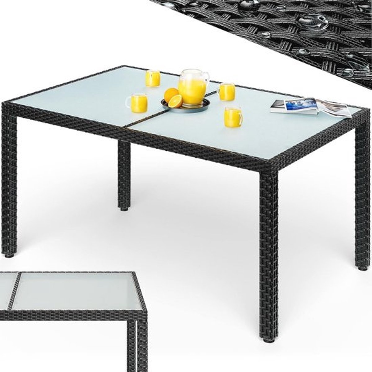 Weerbestendige Tuintafel 150x90 cm | Verstelbare Balkon Tafel | 5 mm Veiligheidsglas | Tuinmeubelen Outdoor Zwart