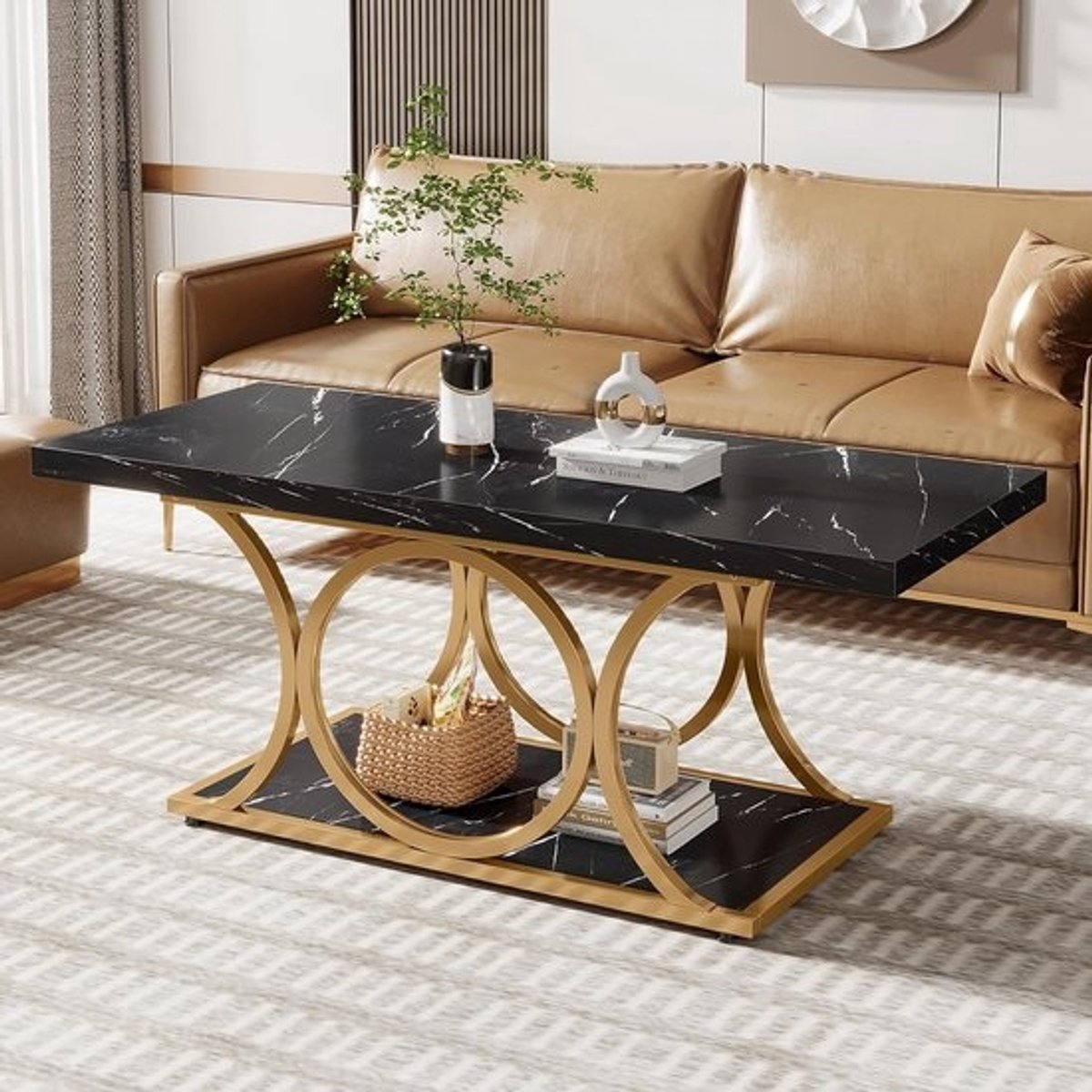 Moderne rechthoekige salontafel met opbergruimte en geometrische poten