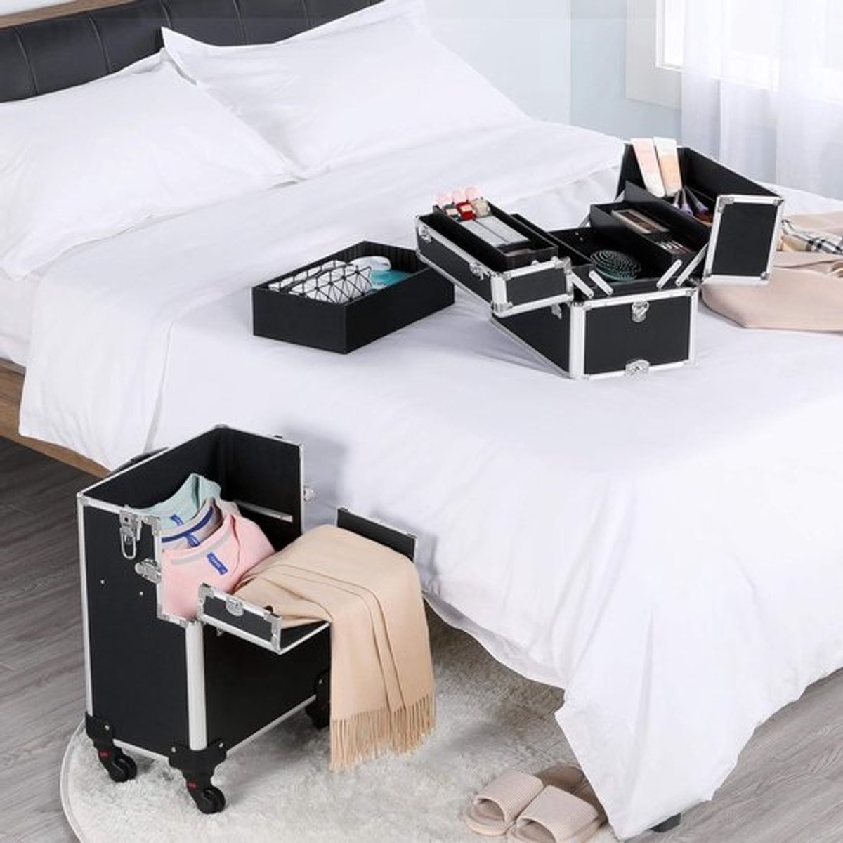 Grote Cosmeticakoffer voor Make-up en Schoonheid, Mobiele Trolley met Draagriem en 360° Wielen