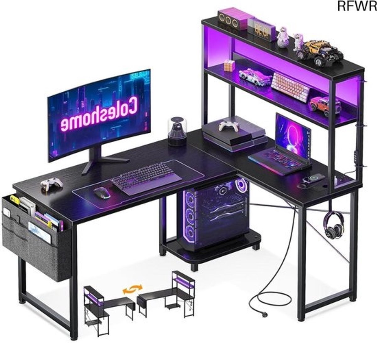 RFWR® Gaming Hoekbureau met Verlichting en Stopcontacten - Draaibaar Bureau voor Spelers
