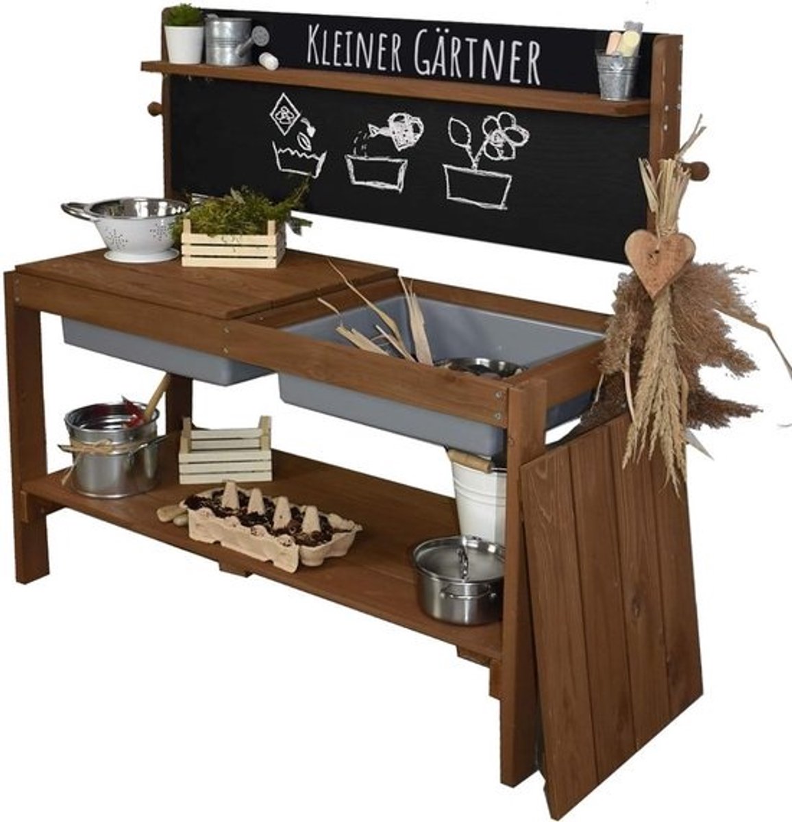 Modderkeuken voor kleine tuinders - Houten buitenkeuken met krijtbord en uitneembare speelbakken