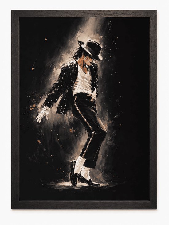 Michael Jackson in iconische danspose, draagt een zwart glitterjasje, witte sokken en een hoed.