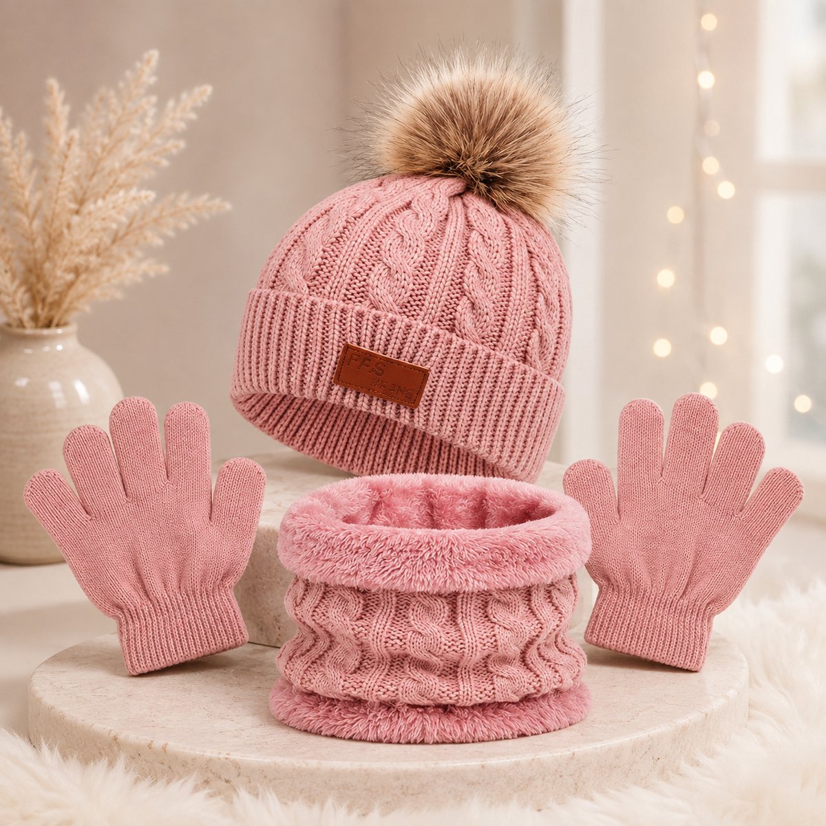 merkloos 3-in-1 kindermuts sjaal en handschoenen set meisjes gebreide wintermuts met pompon ronde sjaal en wanten voor kinderen 2-7 jaar Roze