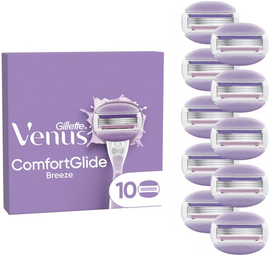 Gillette Venus Comfortglide Breeze scheermesjes in verpakking. 10 losse scheermesjes met paarse en roze details.